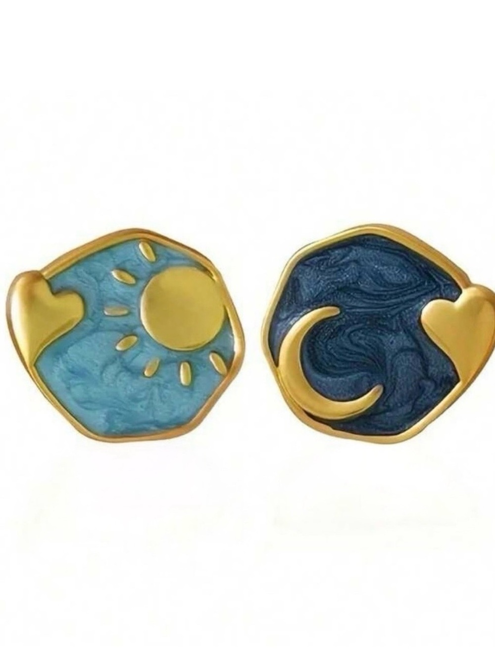 Gold-Tone Sun & Moon Enamel Stud Earrings in Light Blue and Dark Blue